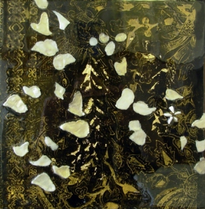 ---Charyl Weissbach Encaustic, metal, metal leaf, and resin.