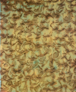 "While I am concerned with mark-making and calligraphy in this series, I am always highly influenced by nature, and particularly plant forms. #116 takes on a dance-like quality of falling leaves"--Jane Allen Nodine, Encaustic monotype
